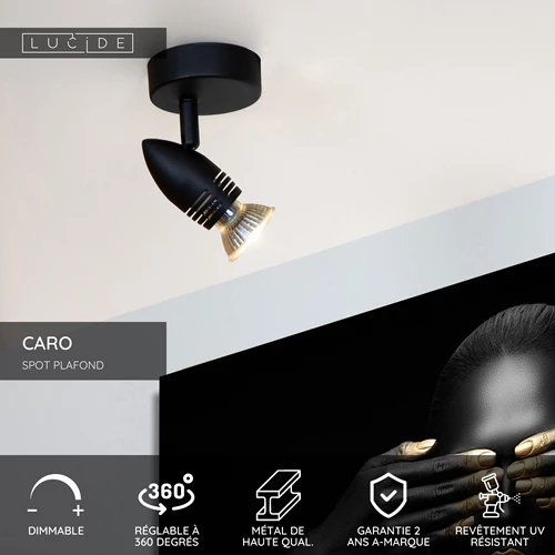 Lucide CARO - Spot plafond - Ø 9 cm - 1xGU10 - Noir - USP